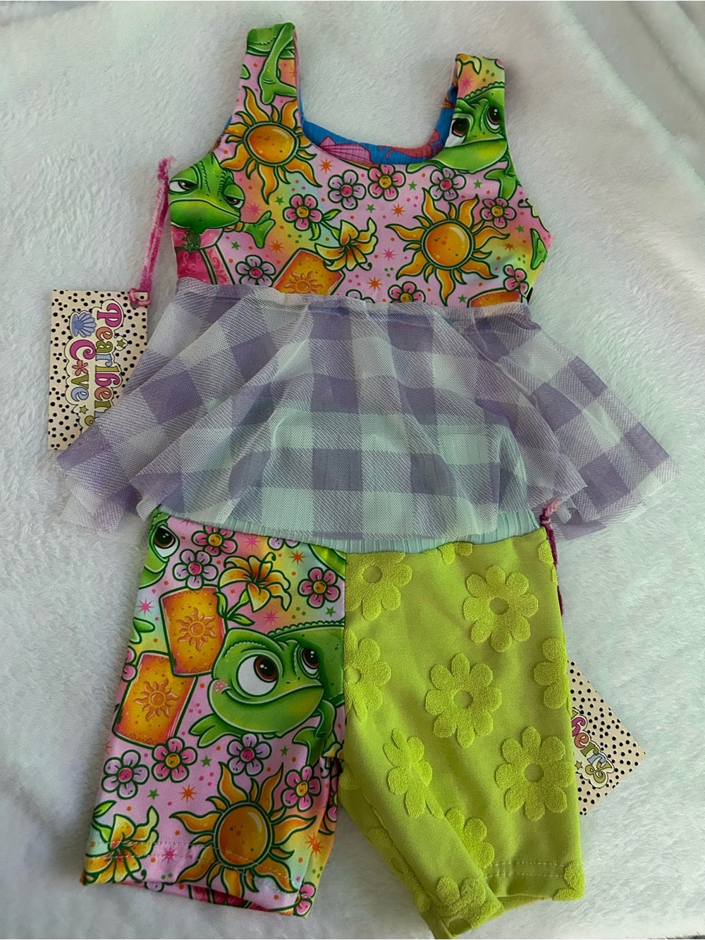 Handmade Colorful Print Biker Outfit with Lavender Gingham Peplum
